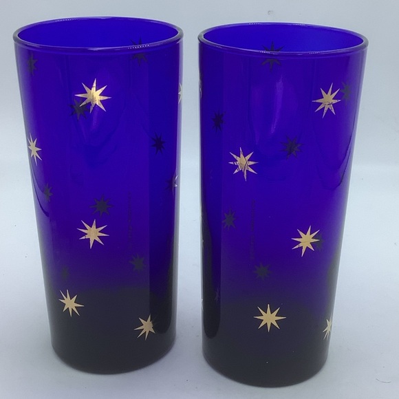 Two Culver Cobalt Blue with Gold Star Design 6 1/4” Glasses - Picture 5 of 9